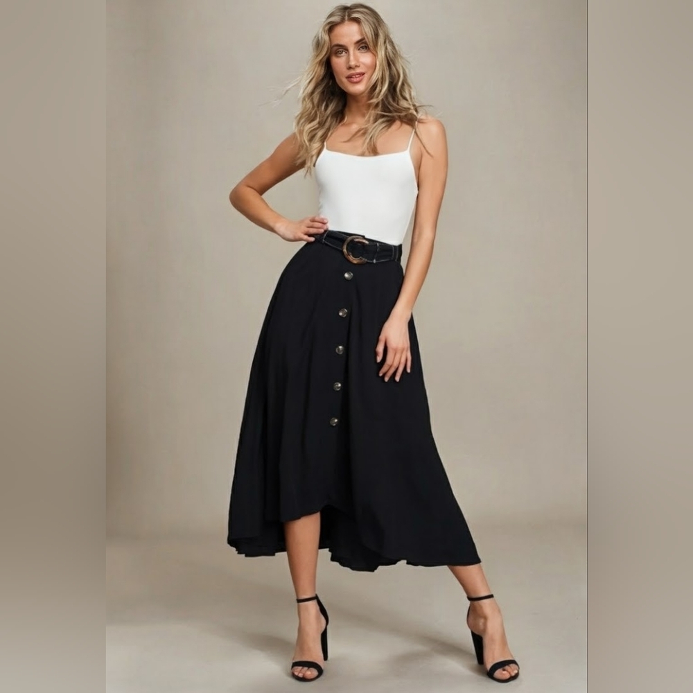 Lulus Twirl And Flow Black (With Belt) High-low Midi Skirt - Size L